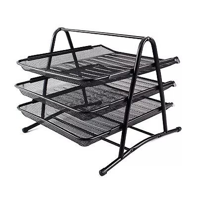 3 Tier Metal Desk Mesh Paper Tray Letter Office Document File Organiser Sorter • £10.99