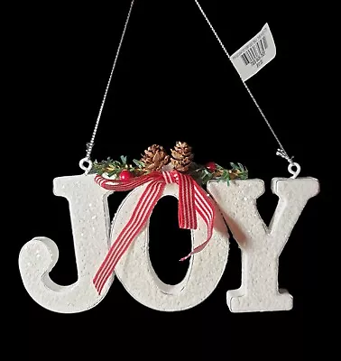 Hanging Holiday Lane Metal Joy Ornament White Red White Bow Pinecones Berries • $13.49