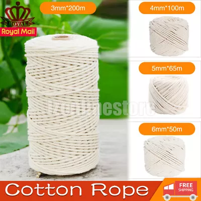 3/4/5/6mm Cotton Rope Twisted Cord Artisan Macrame String Craft Natural Beige UK • £7.99