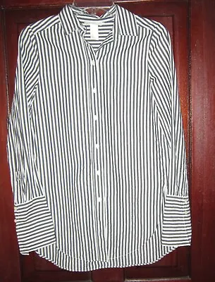 H&M 2 Button Down Shirt Top Tunic Blouse Striped Print High Low White Black Long • $15.99
