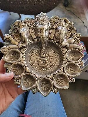 Antique Cast Metal Ganesha Pooja Thailand Elephant Incense Bowl 8.5  X 9  • $25