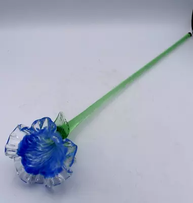 Art Glass Hand Blown Murano Style Blue Ruffle Large Flower Green Long Stem 19  • $32.99