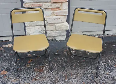 2 PC Vintage COSCO Mid Century Modern Metal Folding Chairs Goldenrod Indiana USA • $95