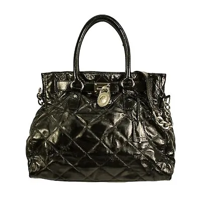 Michael Kors Hamilton Black Quilted Patent Leather Large Handbag Satchel Purse • $89.97
