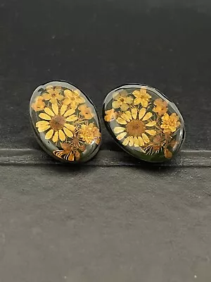 Vintage Resin Pressed Sunflower Sterling Silver Earrings • $45