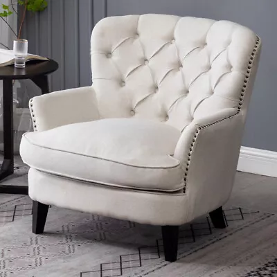 Chesterfield Linen Armchair Button Wing Back Queen Anne Sofa Seat Accent Chair • £229.95