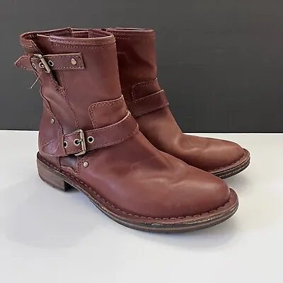 UGG Women Fabrizia Brown Leather Sheepskin Ankle Zip Buckle Moto Boots 1001661 6 • $54.99