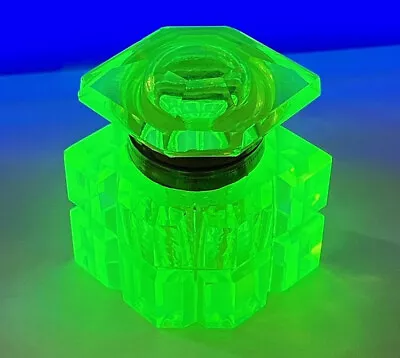 Unusual Uranium Vaseline Green Block-Cut Glass Inkwell Hexagonal Lozenge Shape • $95