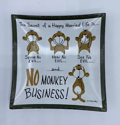 Vintage Campana Monkey Business Secret Happy Married Life Glass Trinket Dish MCM • $20.89