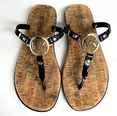 MICHAEL KORS T Strap Thong Sandals 7 Black Gold Charm Logo Jelly Cork Flip Flops • $22