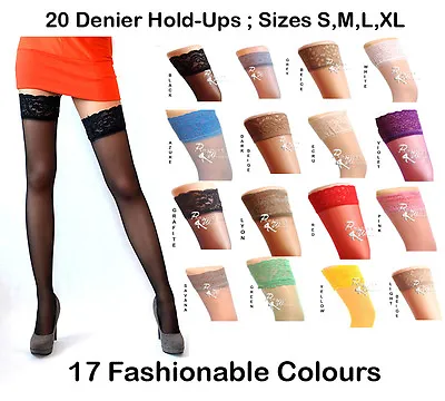 £4.99 • Buy NEW Lace Top 20 Denier Sheer Hold Ups Stockings 17 Various Colours- Sizes S-XL