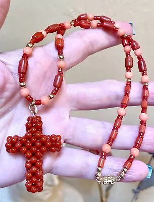 LOVELY Antique/Vintage 14 Kt. Gold Mediterranean Oxblood Coral Cross Necklace • $240