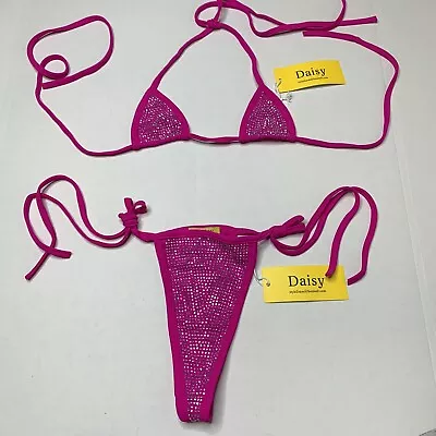 Daisy Fuchsia Mini Triangle Embellished Thong Bikini Womens Size S/M NWT’s • $22