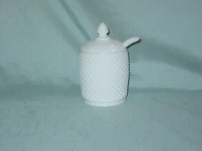 Vintage White Milk Glass English Hobnail Jam Jar With Lid & Spoon • $17.99