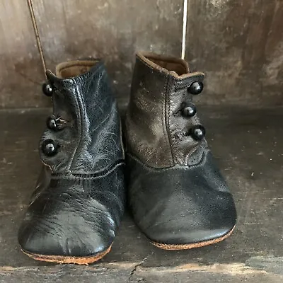 Antique VICTORIAN Black Leather Button-Up Edwardian BABY SHOES Childrens Boots • $40