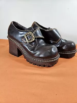 90s L.E.I. Brown Chunky Platform Buckle Shoe Grunge Women's Sz 6 Vintage Y2K  • $68