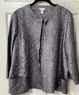 Chico’s Size 2 M/L Metallic Gray Silver Crinkle  Open Front Long Sleeve Jacket • $14.36