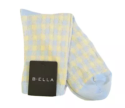 B. Ella Ladies Cotton Blend Crew Socks Abigail Gingham Lt Blue & Ecru - NEW • $16