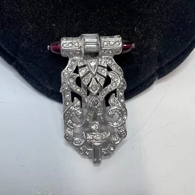 Vintage Art Deco Clear Baguette Rhinestone Red Glass Dress Scarf Clip Brooch Pin • $16.95