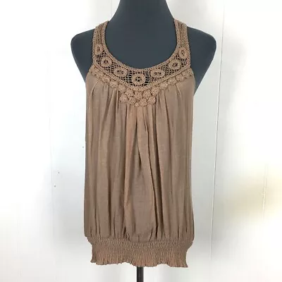 Mine Pleated Tank Top Women S Brown Lace Trim Stretch Rayon 30x27 • $8.70