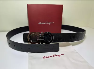 Salvatore Ferragamo Black Horse Print Leather Belt Silver Buckle 90cm • $185