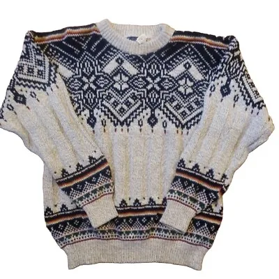 Vtg Fair Isle Ski Sweater Mens L USA Made Nordic Cotton Crew Peconic Bay Traders • $49.98