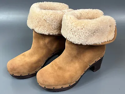 UGG Lynnea Fold Over Brown Leather Shearling Cuff Clog Boot 3204 US Size 6 EU 37 • $27.99