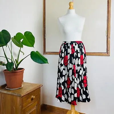 Vintage 80s Windsmoor Red Black White Floral Rose Print Pleated Skirt 10 • £10