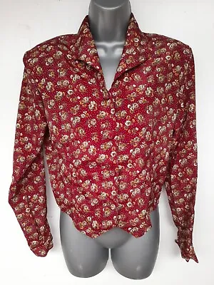 £15 • Buy Charlotte Halton Top Size 14 Vintage Ladies Dark Red Blouse Button Up Floral 80s
