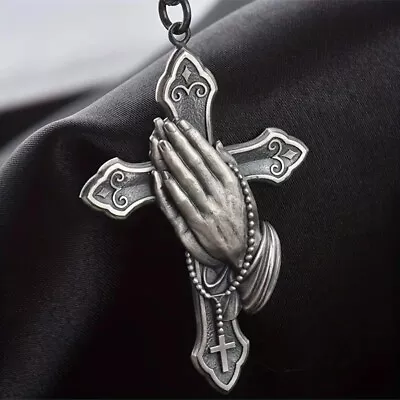 Men's Pendant Necklace Jesus Prayer Praying Hands Blessing Cross • $10.88