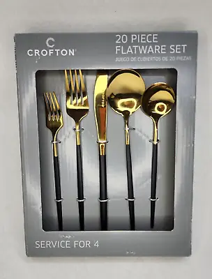 NIB Black & Gold Flatware Silverware Set 20 Piece | MCM Mid Century Modern NEW • $24