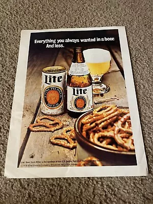 Vintage 1979 MILLER LITE BEER Bottle Can Poster Print Ad 1970s PRETZELS • $6.99