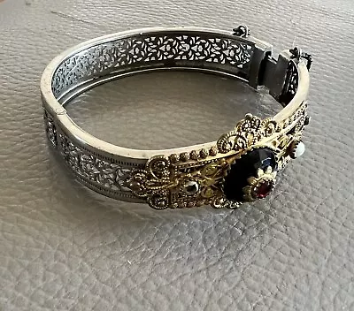 Edwardian Art Deco Rhodium Plated Filigree Hinged Bangle Bracelet Missing Pearl • $55