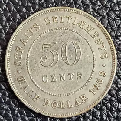 1908 Straits Settlements 50 Fifty Cents Silver  Coin - KM# 24 - VF - # 29678 • $77.05