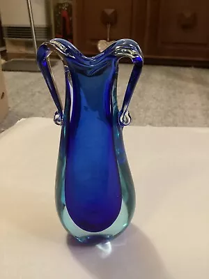 Vintage ? Murano Sommerso Glass Vase Blue Cased Handles 18cm Tall • $79.96