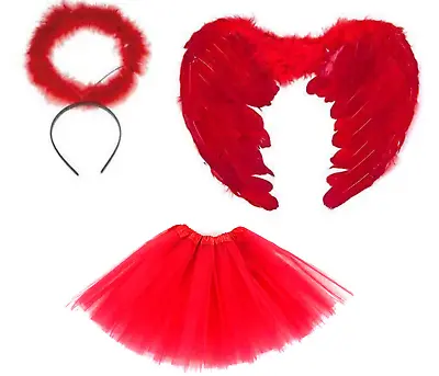 Red Feather Wing Devil Set Halloween Fancy Dress Costume Halo Tutu • £5.99