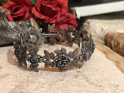 9. Vintage 800 Silver Rose Head Leaves Linked Hook Clasp Bracelet 29.9g 7 1/4  • $184.99