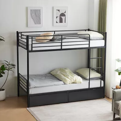 Metal Twin Over Twin Bunk Bed Heavy Duty Sleeper W Storage Drawers Guard Rail • £140.99