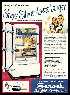 1947 Servel Gas Refrigerators  Stays Silent. Lasts Longer.  Vintage Print Ad • $9.95