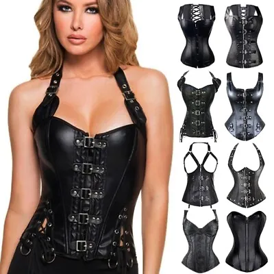 Black Gothic Steampunk Corset Waistcoat Overbust Top Burlesque Basque Lace-Up UK • £20.79