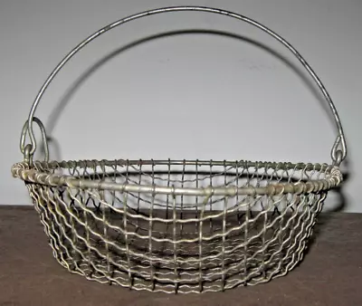 Antique Metal Wire Circular Basket With Folding Handle  8  Farmhouse Country • $23.99