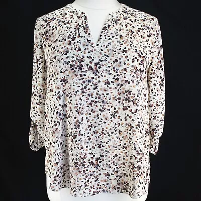 Maurices Blouse Womens Size XL Ivory Brown Print 3/4 Roll Tab Sleeve V Neck Top • $17.99