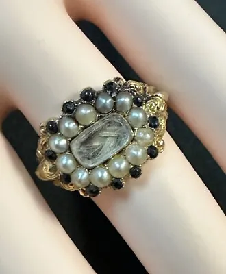 18k Mourning Ring Victorian Hair And Pearl Ring In Yellow Gold W Pearls Size 7 • $495