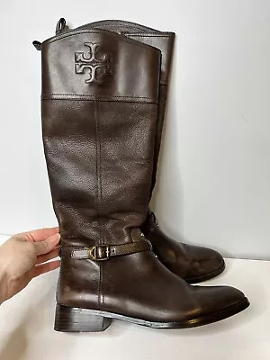 Tory Burch Simone 35MM Riding Boot Tall Flat Equestrian Brown Logo Size 11 • £134.99