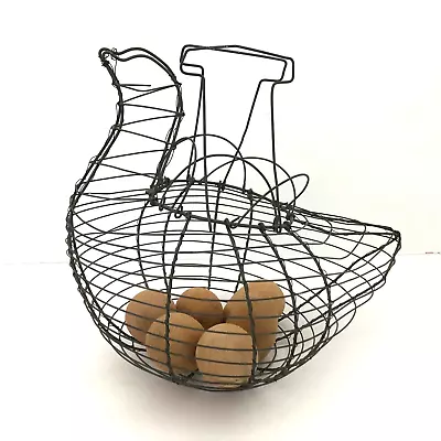 Vtg Wire Chicken Hen Egg Gathering Basket Primitive Farmhouse & 6 Wooden Eggs • $10.99
