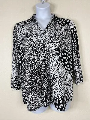 Sunny Leigh Womens Size L Blk/Wht Animal Print Popover Blouse 3/4 Sleeve • $6.45