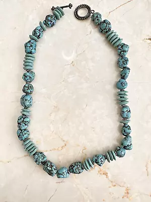 Vintage Southwestern Silver Tone Chunky Turquoise Howlite Necklace 21  • $34.95