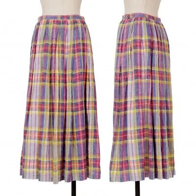 Mademoiselle NON NON Linen Madras Check Pleated Skirt Size M(K-126449) • $198