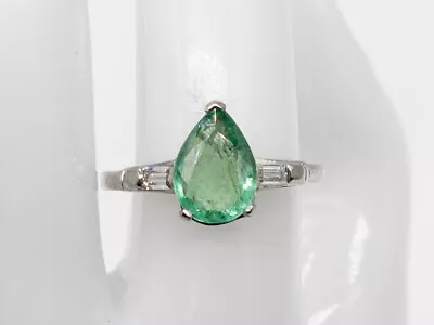 Vintage 1940s $5000 3.25ct Pear Cut Natural Emerald Diamond Platinum Ring • $1085