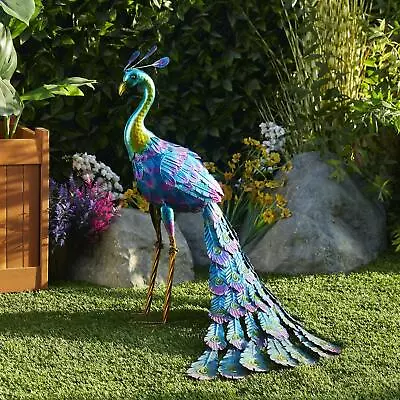 Colorful Teal Metal Peacock Outdoor Statue Bright Durable Yard Garden Sculpture • $104.60